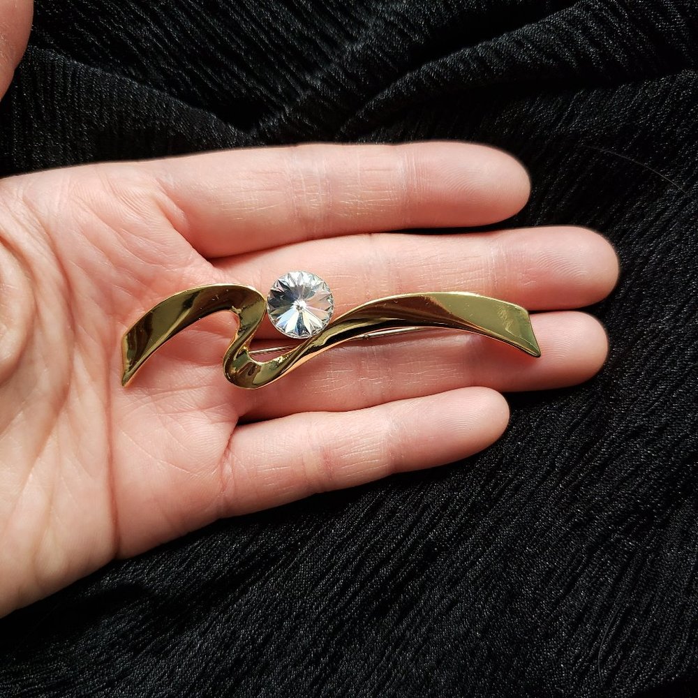 Vintage Large Jewel Gold Tone Abstract Zig Zag Pin Brooch